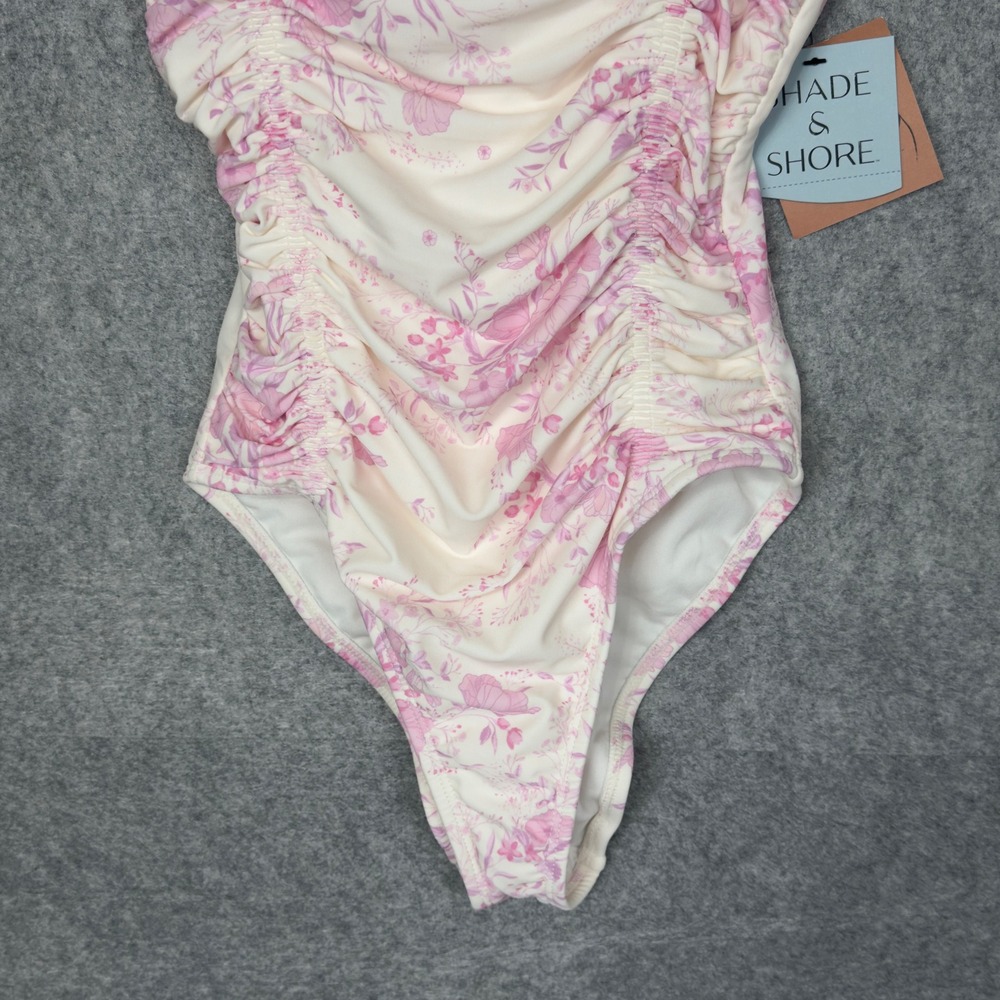 Shade & Shore One Piece Swimsuit Women S Pink NWT Floral Ruched Toile Strappy - Picture 7 of 7